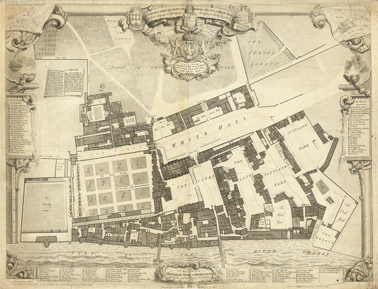 An antique architectural map print of a historic city or estate, featuring detailed building layouts, labels, decorative cartouches, and ornamental borders in sepia and black ink on aged paper.
