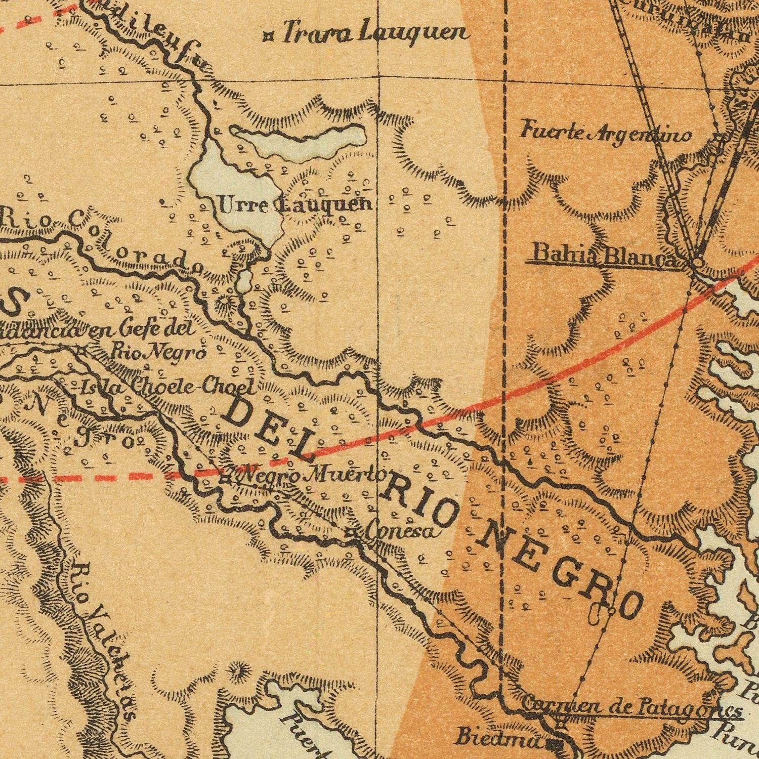 A close-up of a vintage map showing labeled geographic features such as 'DEL RIO NEGRO', 'Urre Cauquen', 'Bahia Blanca', and 'Trava Lauquen' on an aged tan paper background with black linework and a red diagonal band.