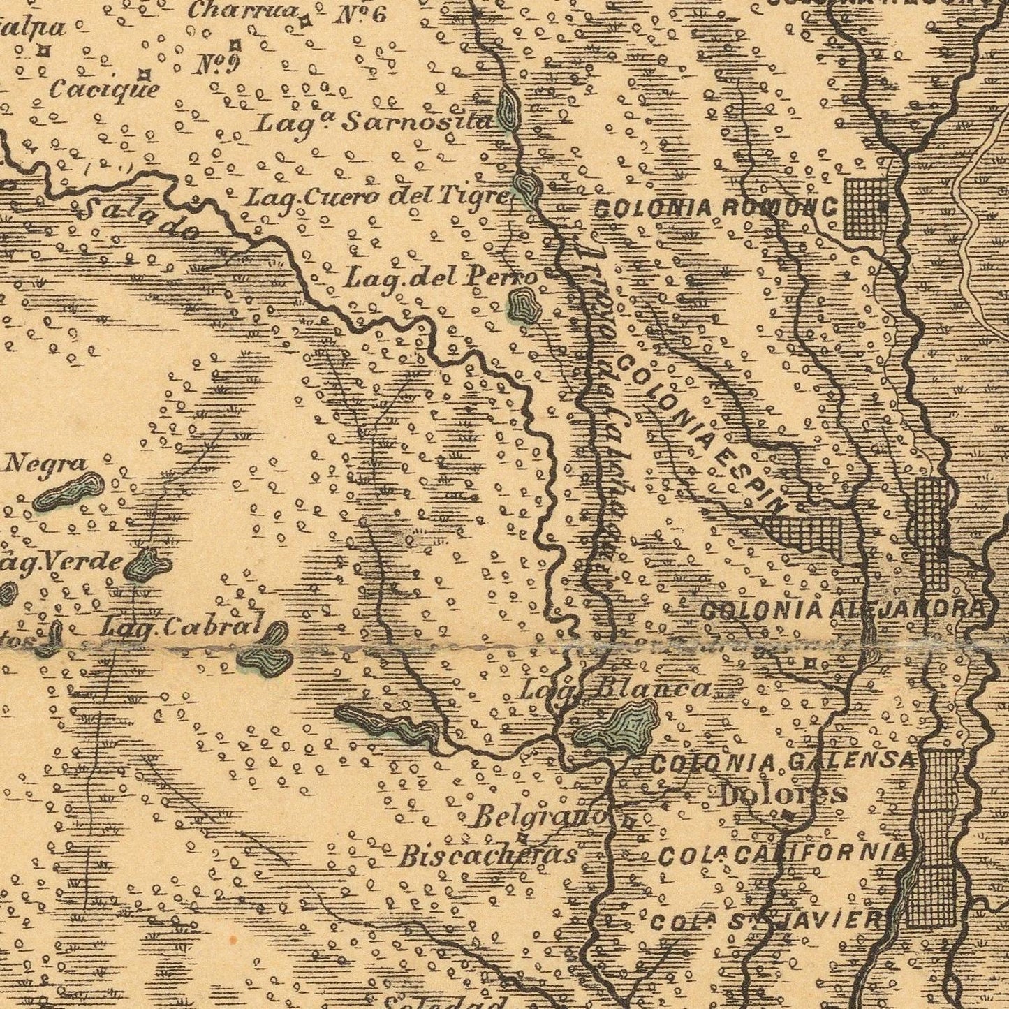 A close-up of an antique-style map print showing labeled geographic features such as lakes, rivers, and colonial settlements on a tan parchment-like background.