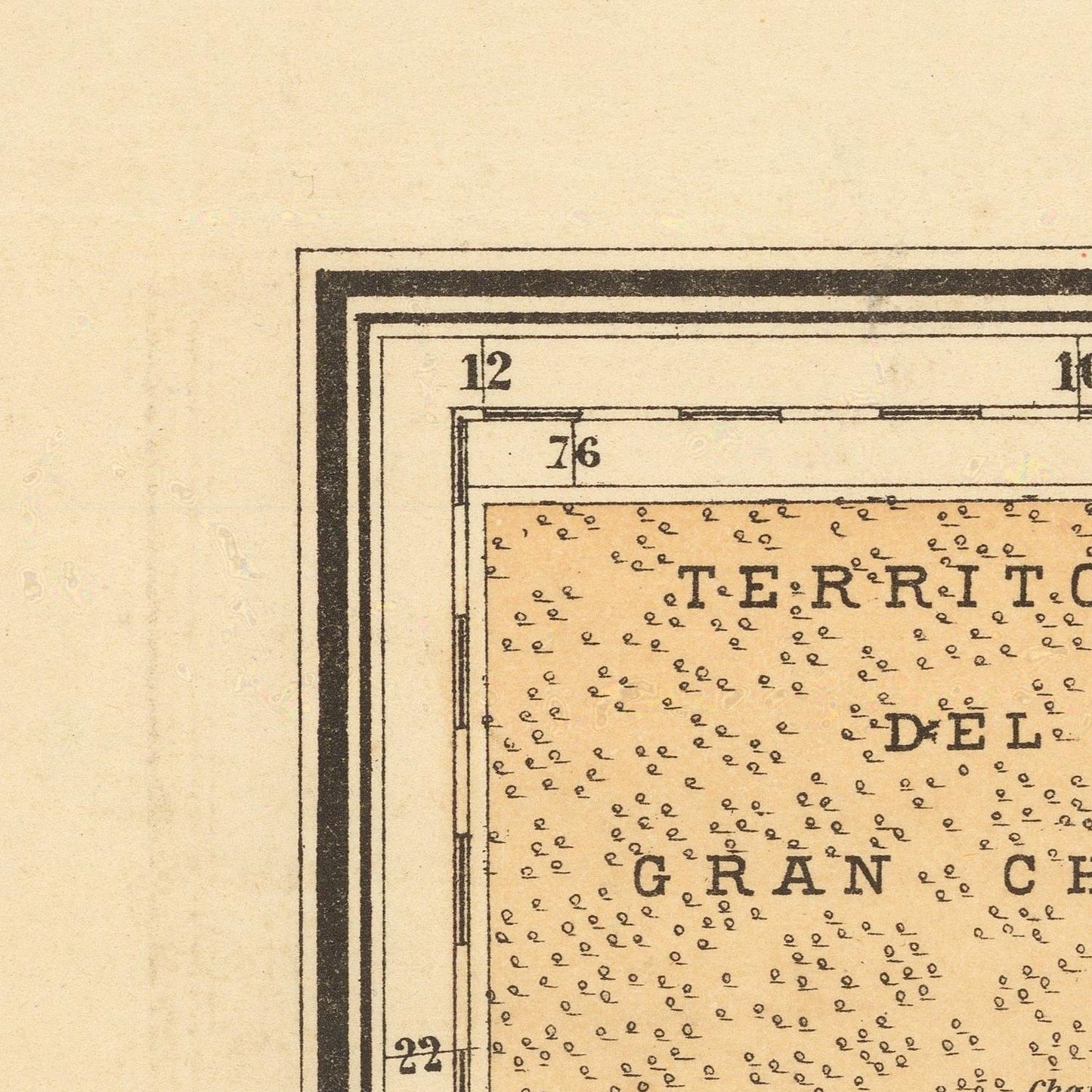 Close-up of a vintage map section showing a labeled territory area with text such as TERRITORY and GRAN CH.