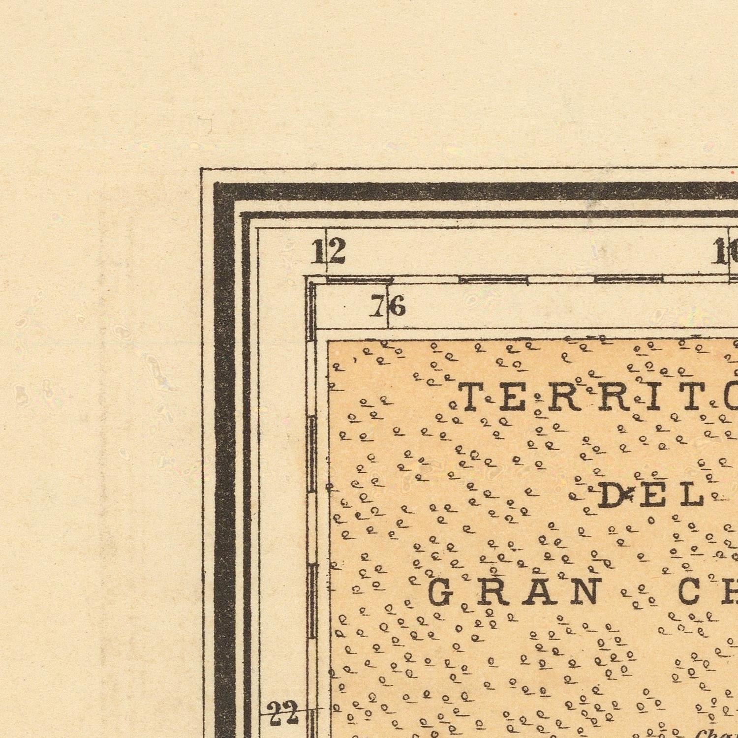 Close-up of a vintage map section showing a labeled territory area with text such as TERRITORY and GRAN CH.