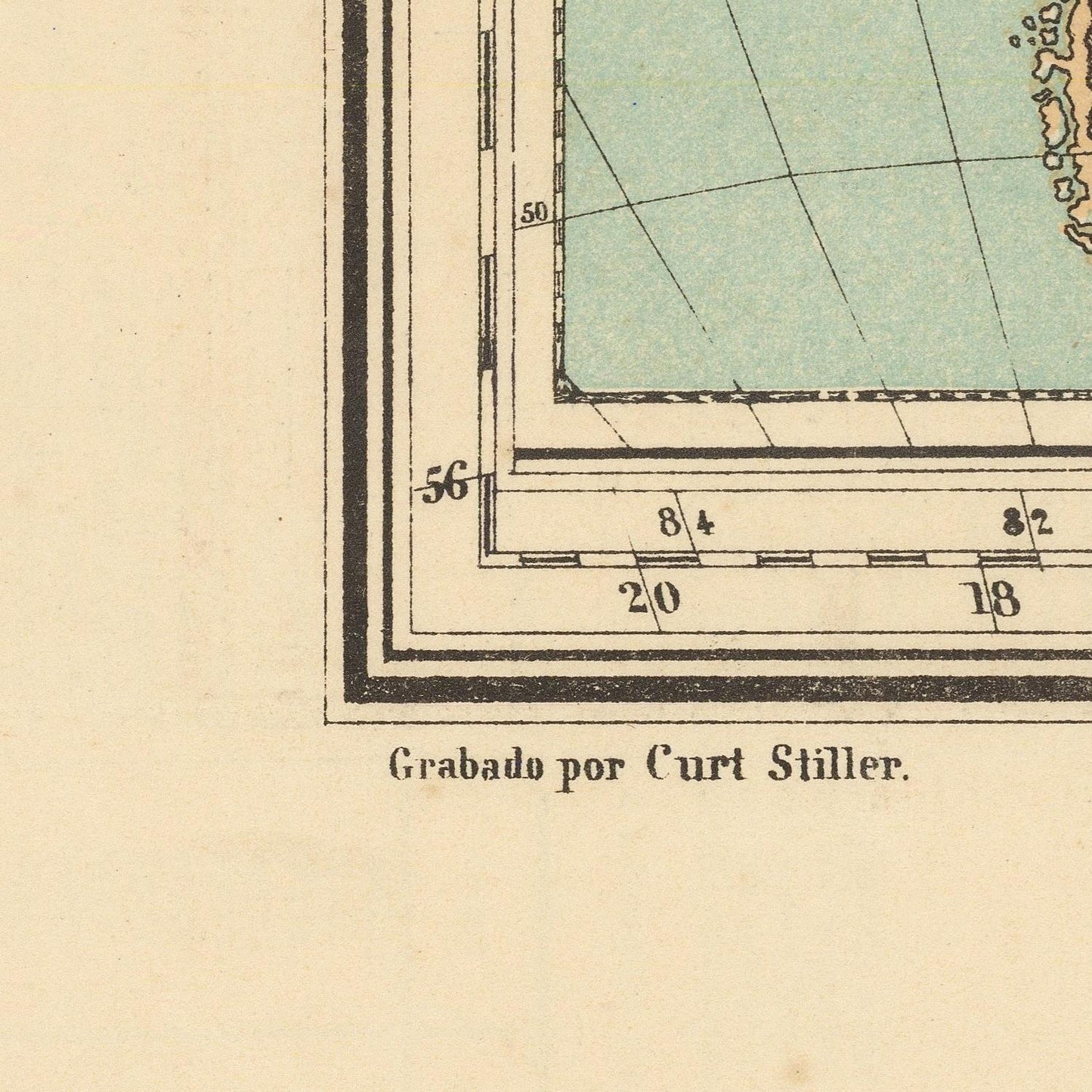 Close-up of a vintage nautical map print showing part of a coastline, grid lines, and the text 'Grabado por Curt Stiller.' on a cream paper background.