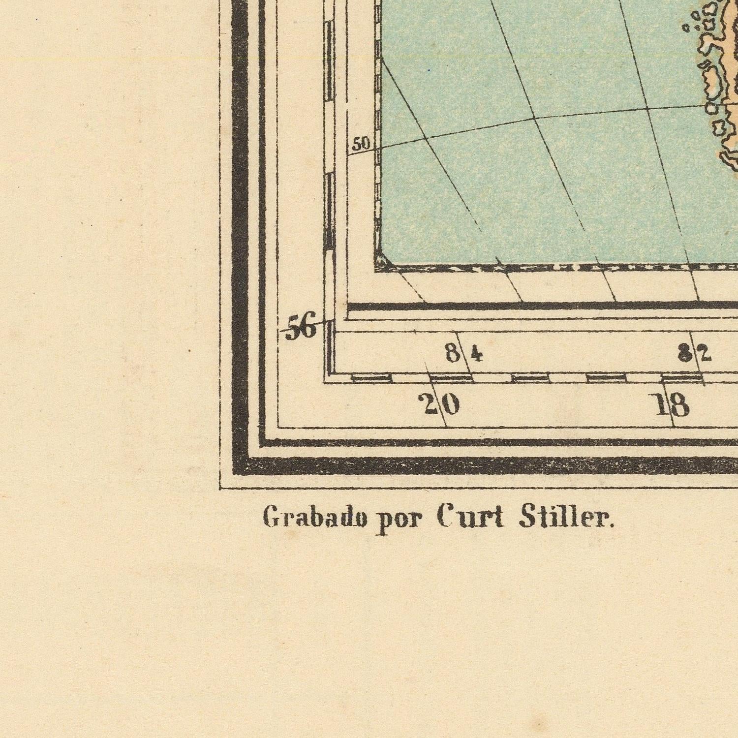 Close-up of a vintage nautical map print showing part of a coastline, grid lines, and the text 'Grabado por Curt Stiller.' on a cream paper background.