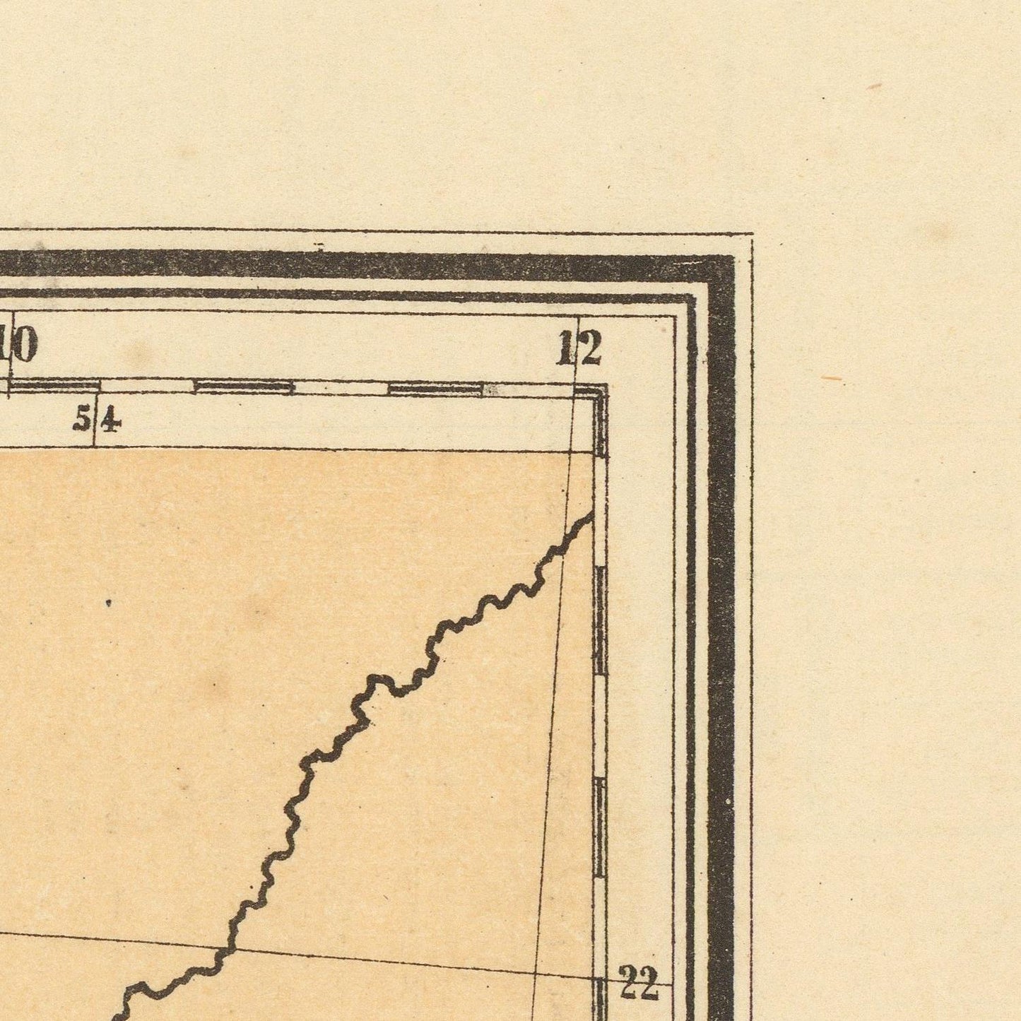 A close-up detail of a vintage map print showing part of a coastline or river curve with measurement markings and a double border on aged beige paper.