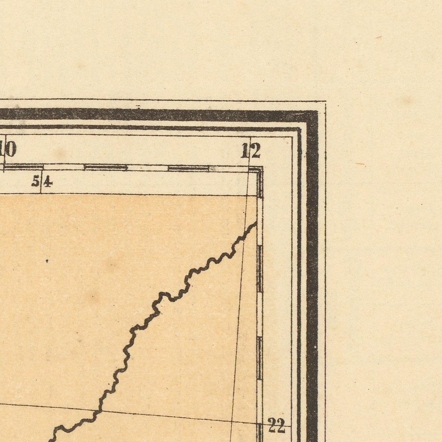 A close-up detail of a vintage map print showing part of a coastline or river curve with measurement markings and a double border on aged beige paper.