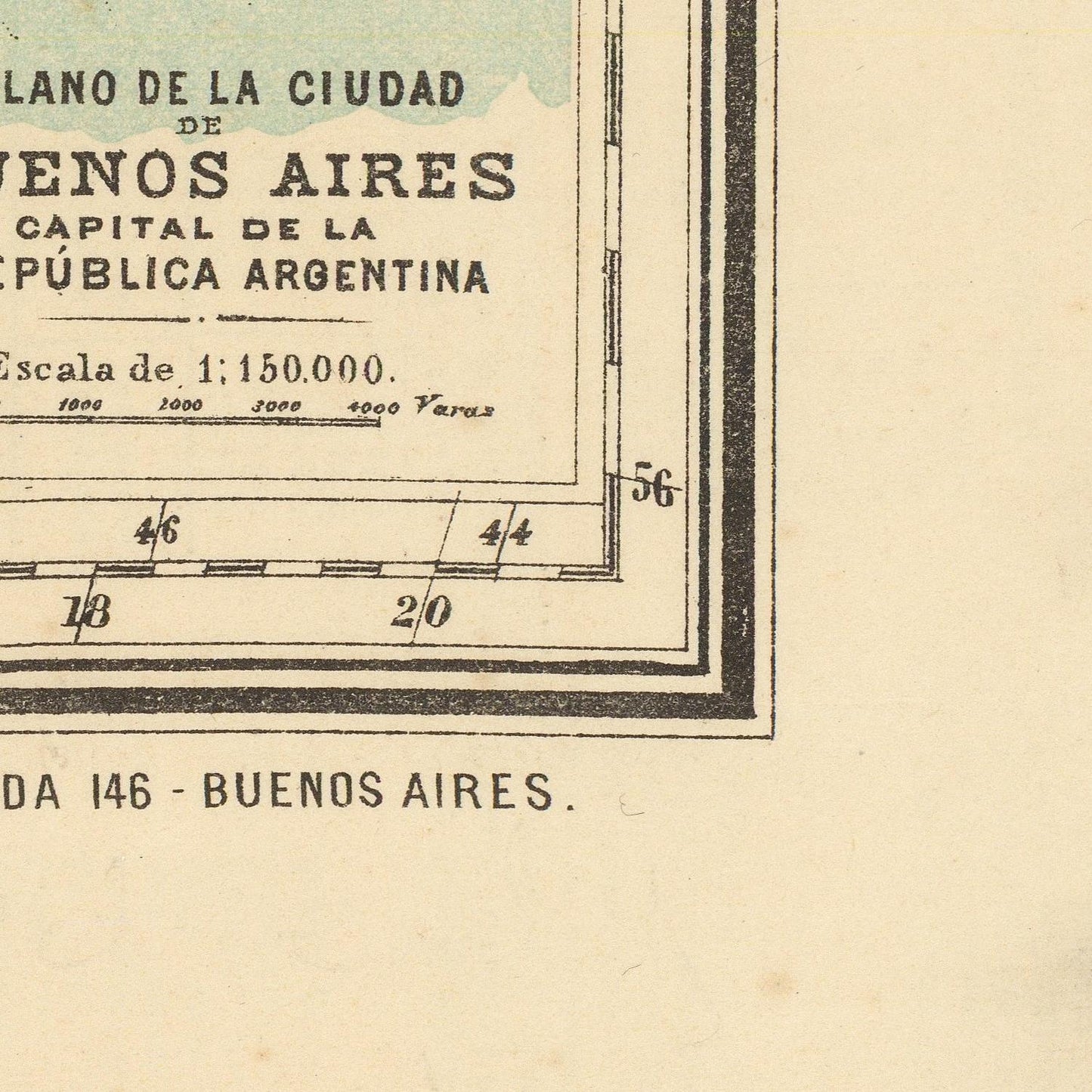 A close-up of a vintage map print showing part of Buenos Aires, Argentina, with Spanish text and a scale bar on aged beige paper.