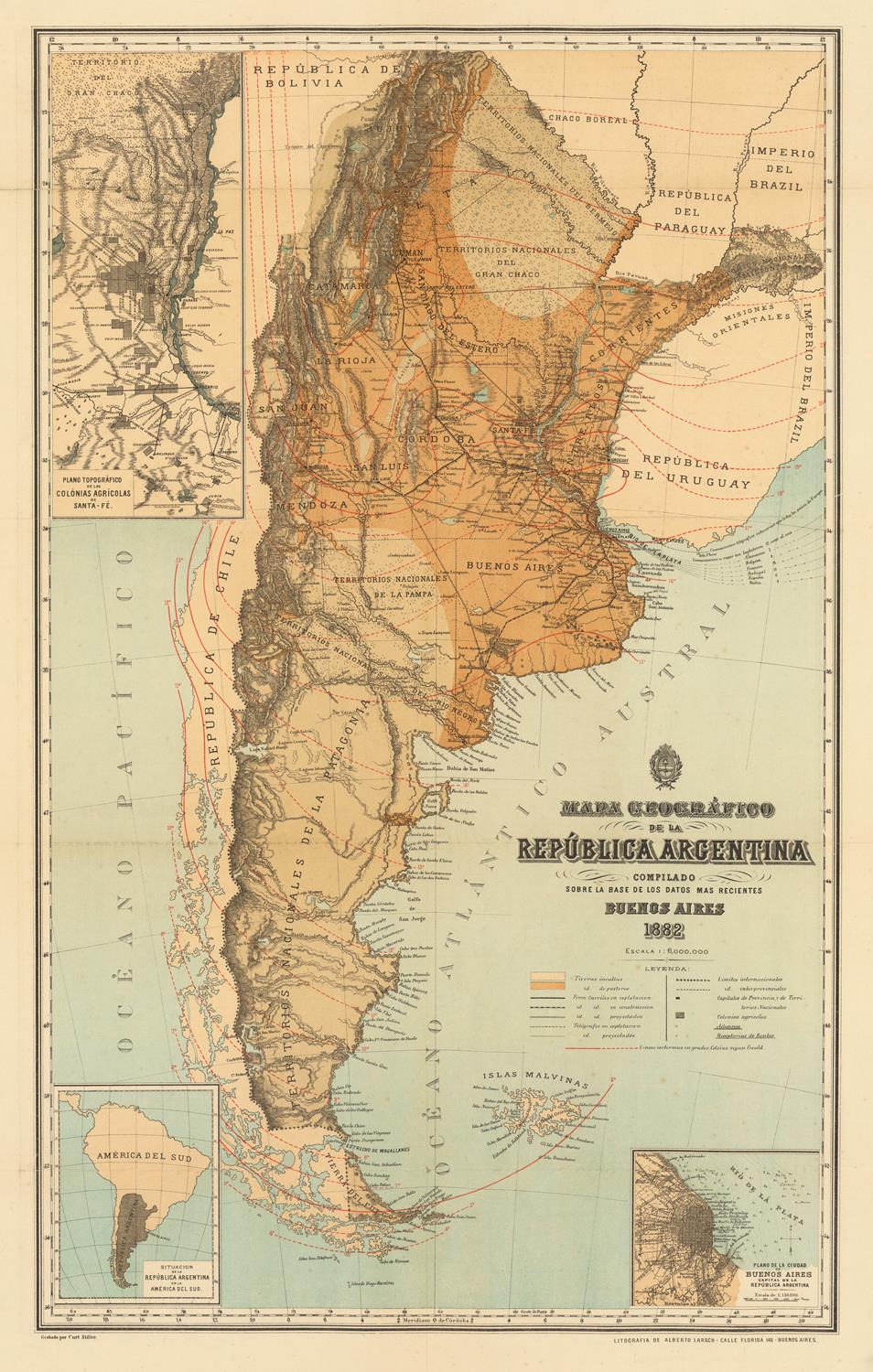 A vintage map of the Republic of Argentina, titled 'Mappa Geográfica República Argentina', featuring a detailed topographical layout with historical cartographic elements, place names, and topographical insets.