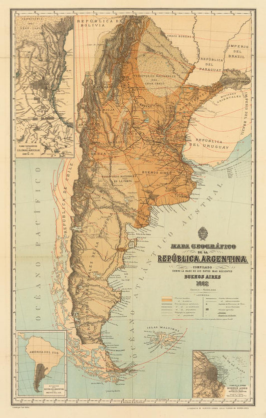A vintage map of the Republic of Argentina, titled 'Mappa Geográfica República Argentina', featuring a detailed topographical layout with historical cartographic elements, place names, and topographical insets.