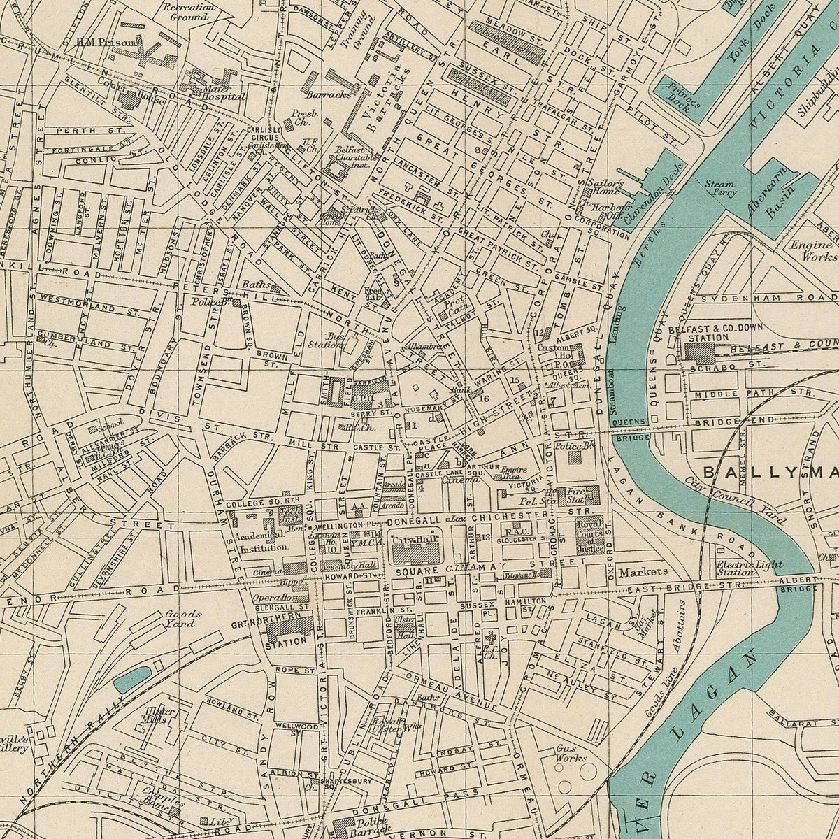 Vintage-style city map print showing streets, buildings, and a winding river in light blue on an aged cream background, with the text 'BALLYMAN' visible.