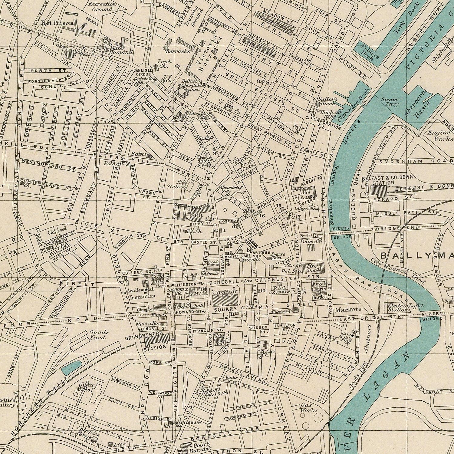 Vintage-style city map print showing streets, buildings, and a winding river in light blue on an aged cream background, with the text 'BALLYMAN' visible.
