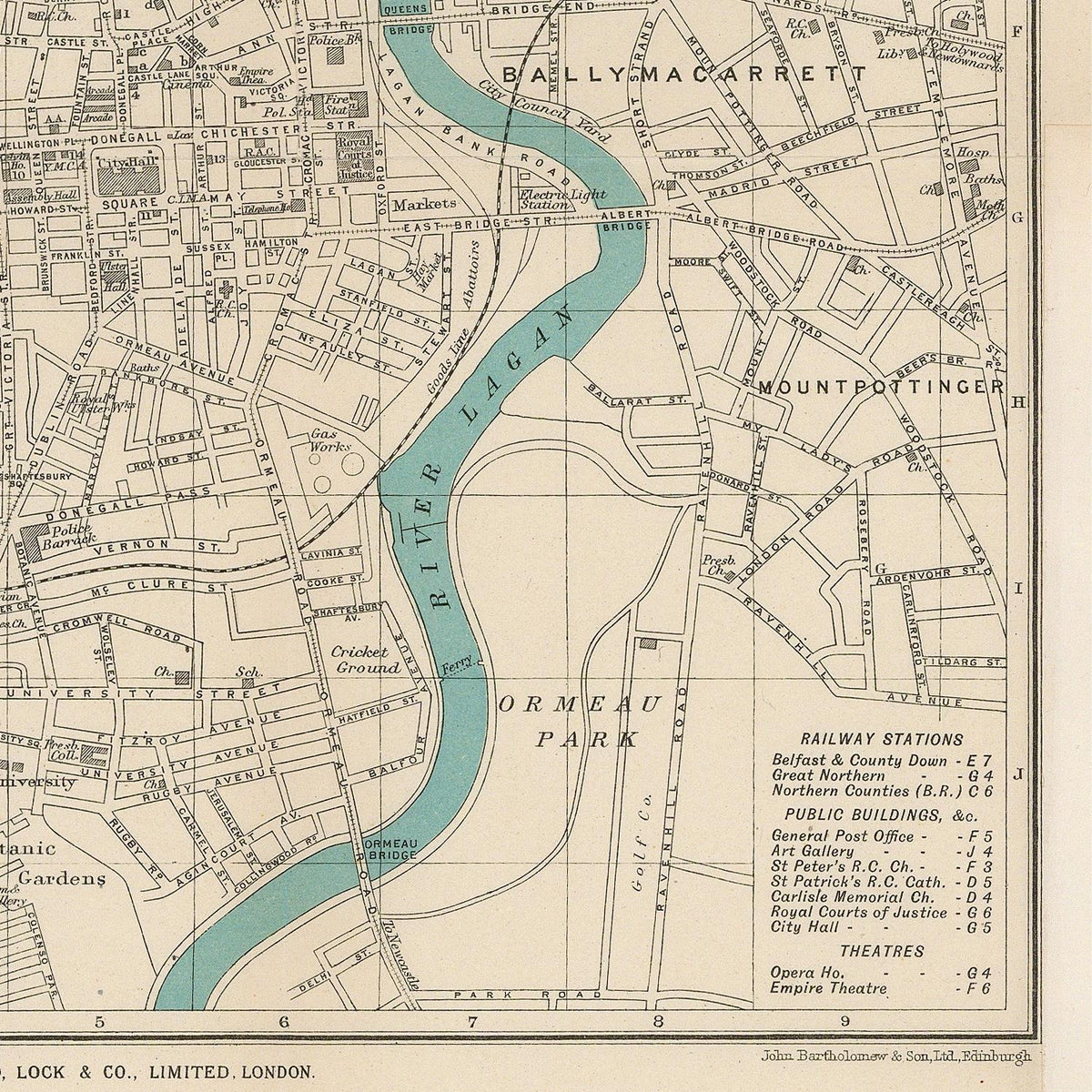 Vintage map print of Ballincastell River Lagun and surrounding area, with labeled streets, railways, public buildings, and theatres on an aged beige paper background.
