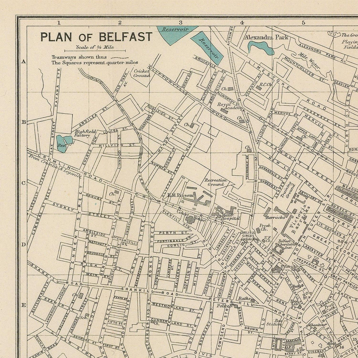 A vintage-style map titled 'PLAN OF BELFAST' showing street names, blocks, and water features in a sepia-toned print with black linework and small blue water areas.