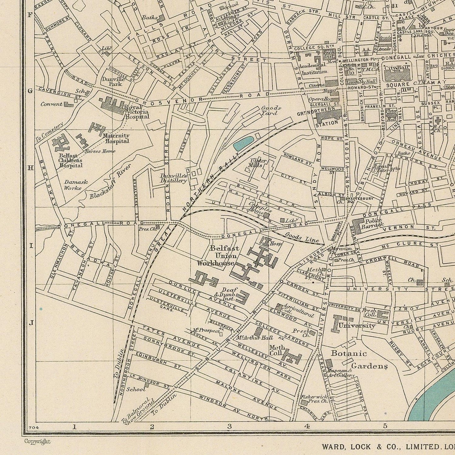 A vintage street map print showing labeled roads, buildings, and landmarks on a cream background with black linework and text.