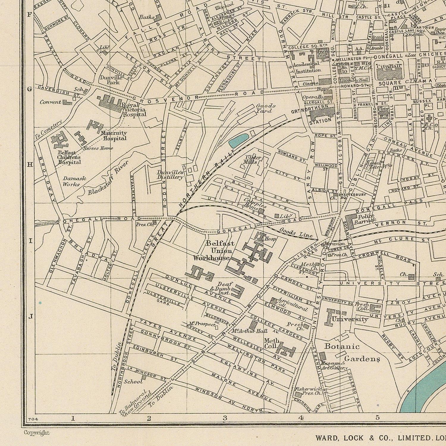 A vintage street map print showing labeled roads, buildings, and landmarks on a cream background with black linework and text.
