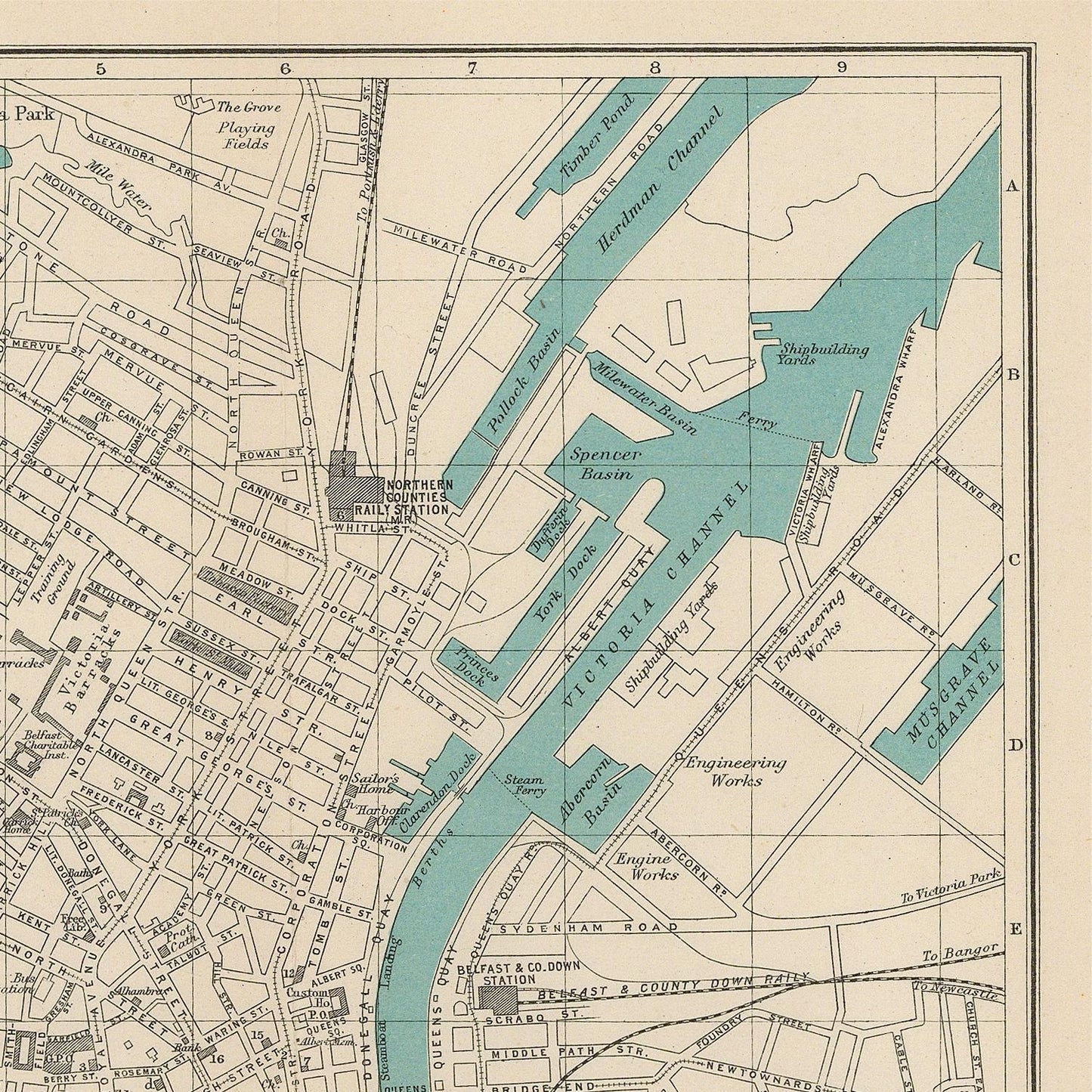 A vintage-style map print showing streets, labels, and a large blue highlighted river or harbor area, with a cream paper background and printed grid letters along the right margin.