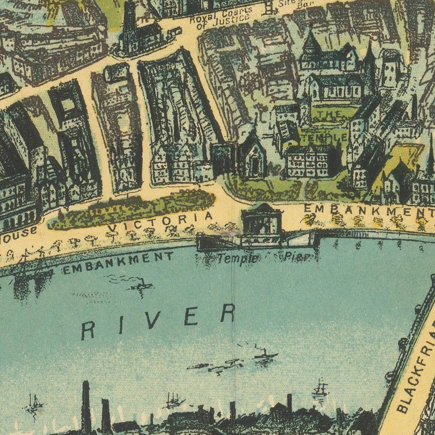 Vintage-style illustrated map section showing a riverfront city scene with buildings, streets, boats, and labels including Victoria Embankment, Temple Pier, and Blackfriars.