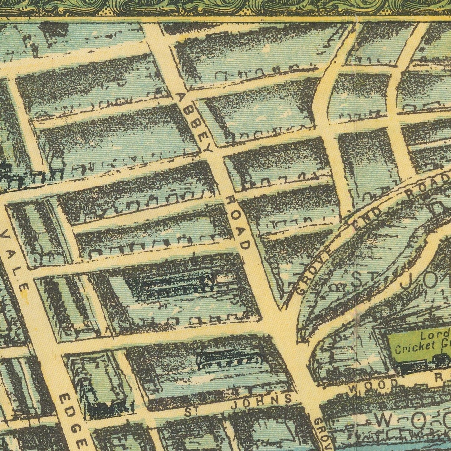 Vintage-style street map print showing a detailed urban grid with labeled roads such as Abbot Road, St. Johns, and Edge Road, rendered in muted green, beige, and black tones.