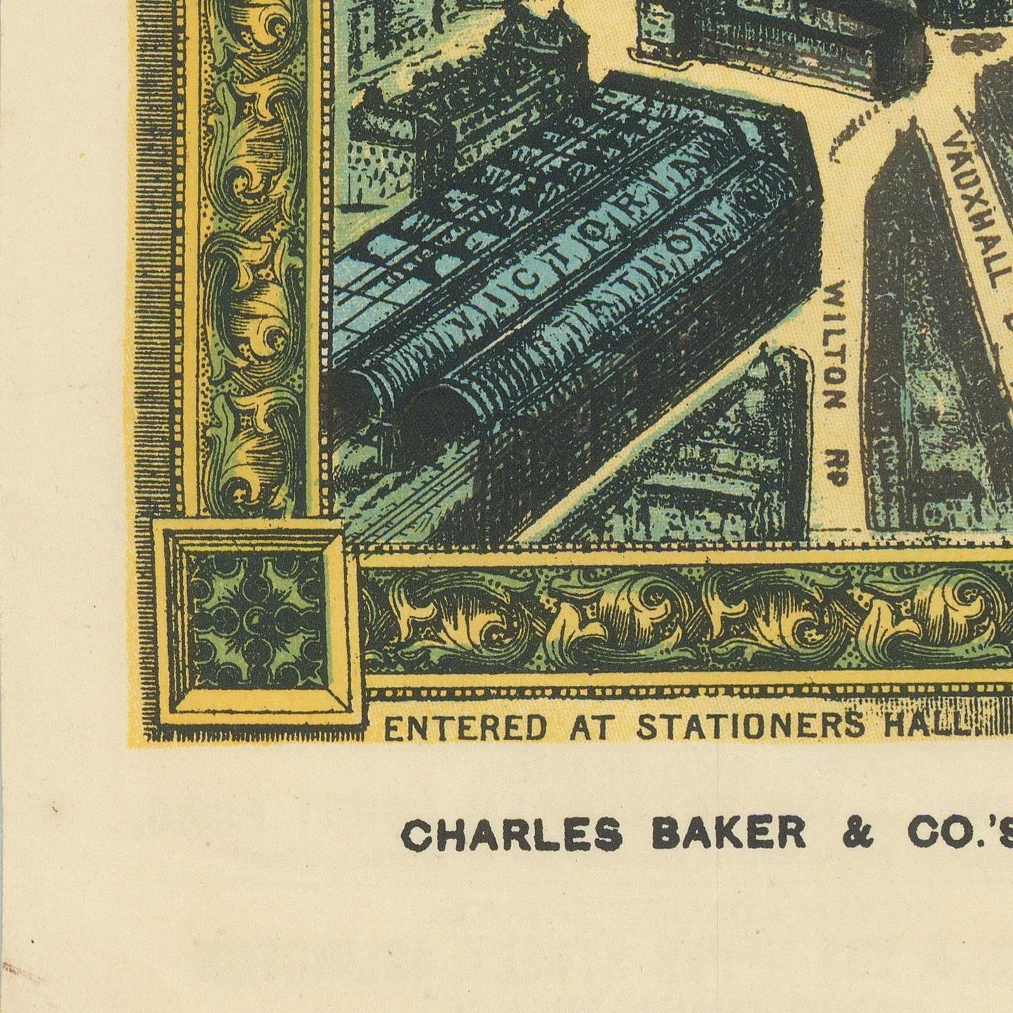 A vintage illustrated map or poster print showing a street scene with ornate decorative borders and printed text, including 'CHARLES BAKER & CO.' on a cream background.