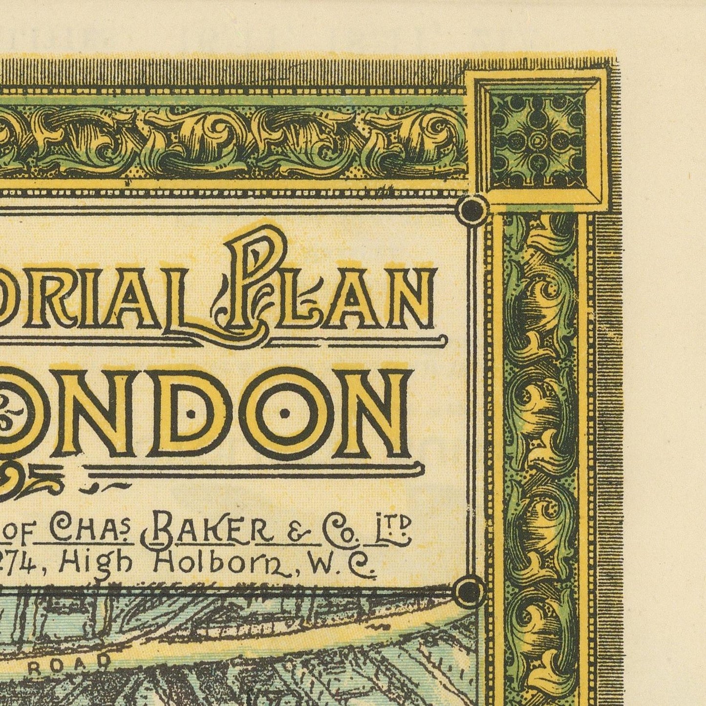 Close-up of a vintage map or poster print showing part of the London Municipal Plan, with ornate green and yellow border details and text including 'Municipal Plan London' and 'Chas. Baker & Co.