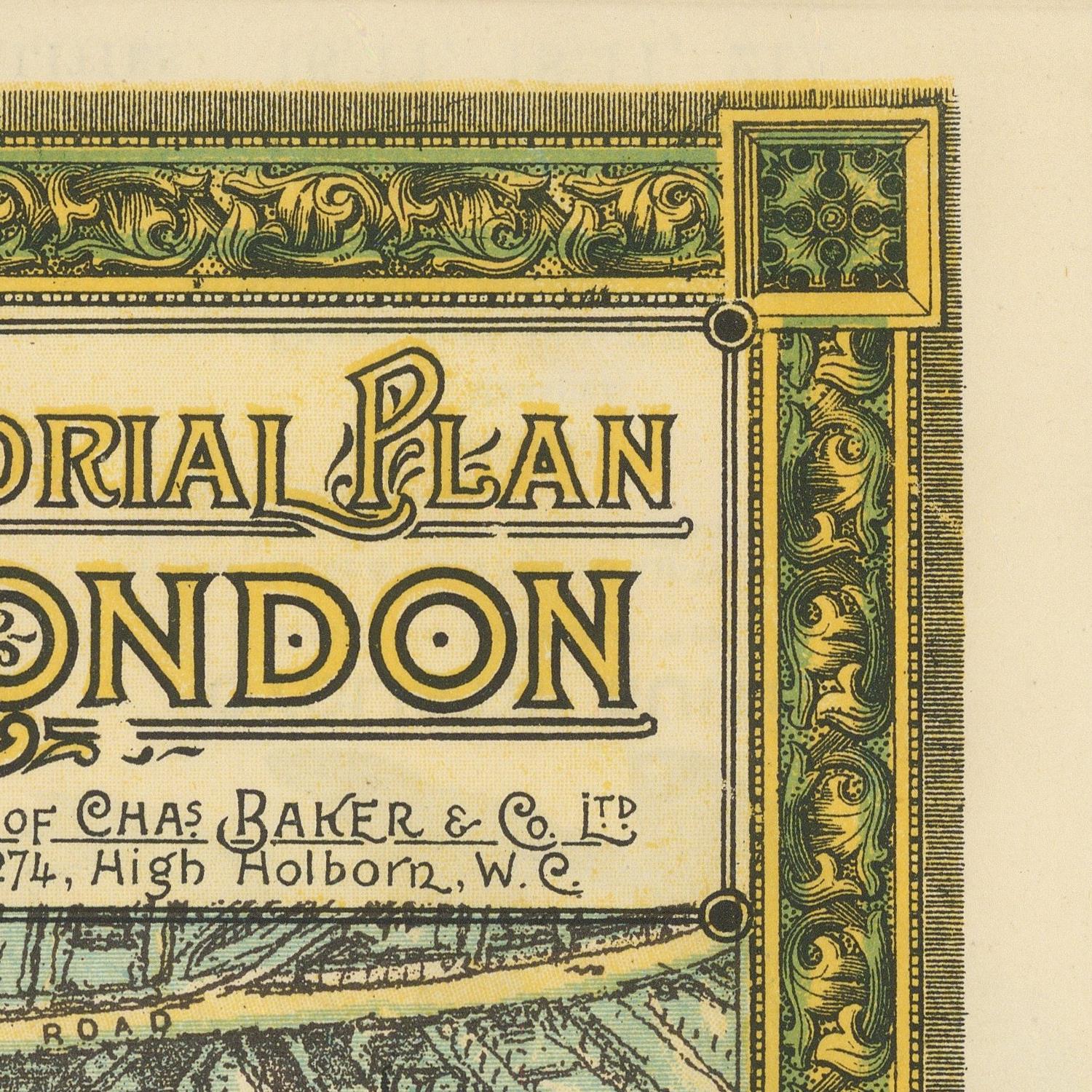 Close-up of a vintage map or poster print showing part of the London Municipal Plan, with ornate green and yellow border details and text including 'Municipal Plan London' and 'Chas. Baker & Co.