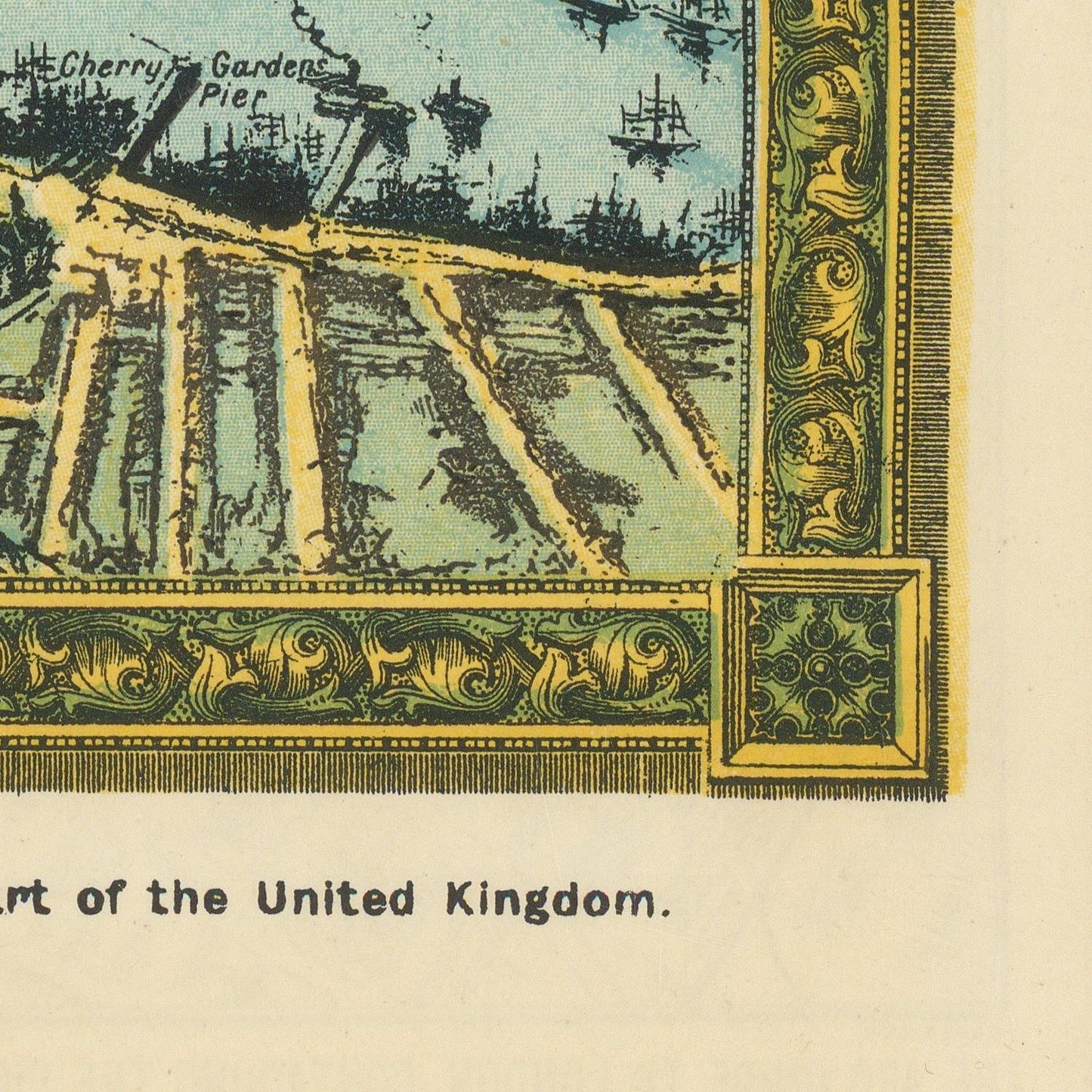 A close-up of a vintage illustrated map or print showing a harbor scene with ships, labeled text including 'Cherry Gardens Pier,' ornate gold decorative border elements, and cream paper background.