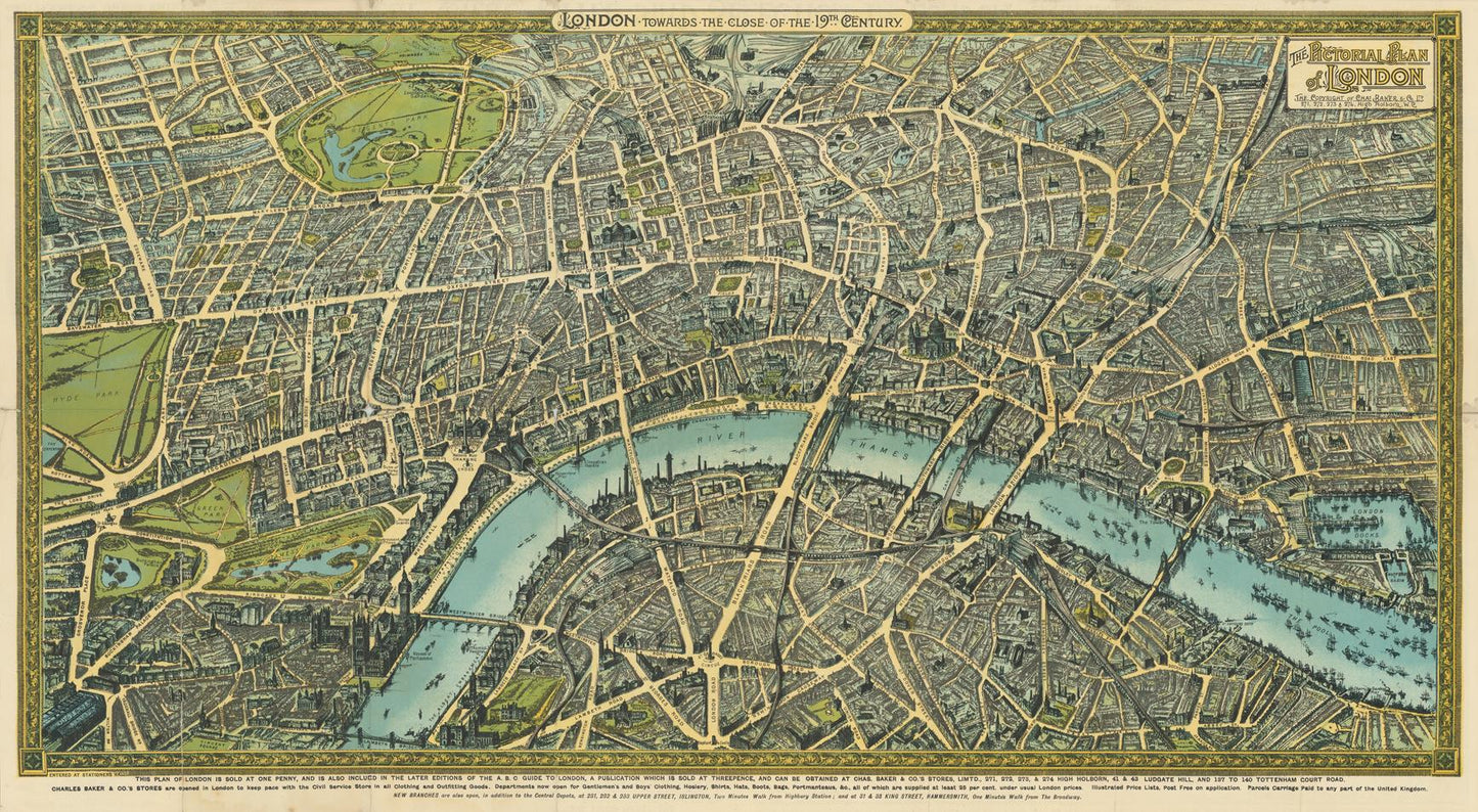 An antique-style map of London, titled 'London: The City of the Holy Trinity', showing detailed street cartography, waterways, parks, and ornate decorative borders in muted green, blue, beige, and brown tones.