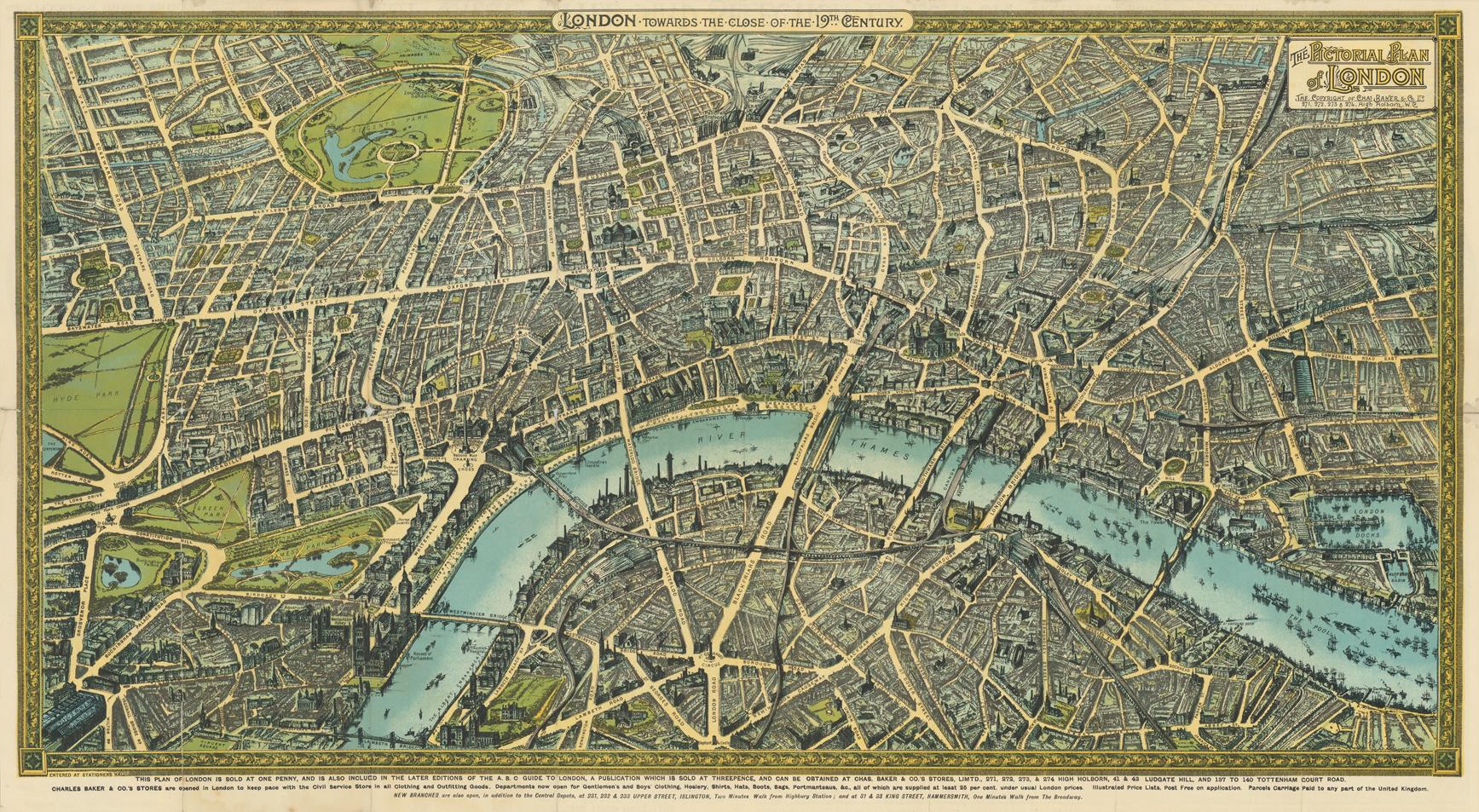 An antique-style map of London, titled 'London: The City of the Holy Trinity', showing detailed street cartography, waterways, parks, and ornate decorative borders in muted green, blue, beige, and brown tones.