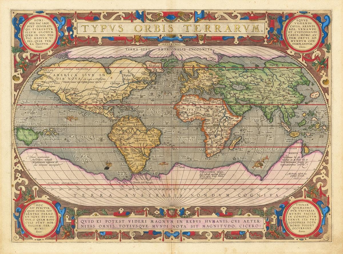 Ancient map of the World, Typus Orbis Terrarum, 1595 (2)