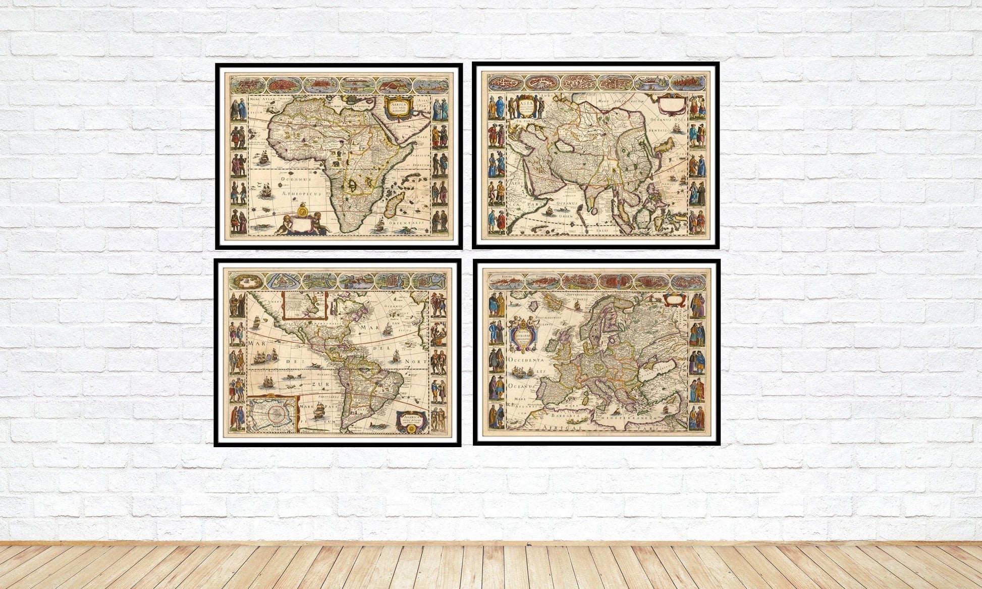 Beautiful set of four anceint maps displayed on wall