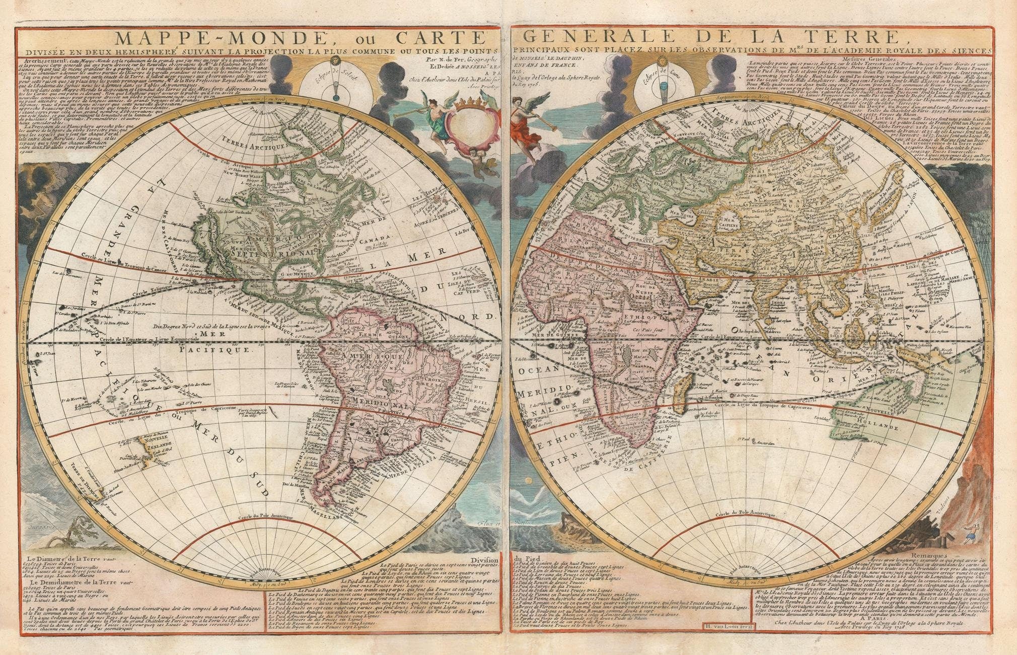 Antique World Map of the Earth, divided into two hemispheres, 1718 ...