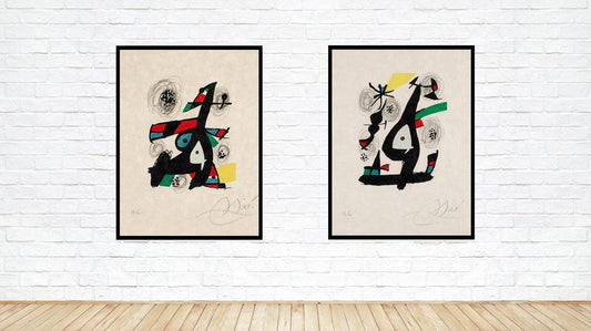 Framed fine art reproductions hang up on the wall, presentation only