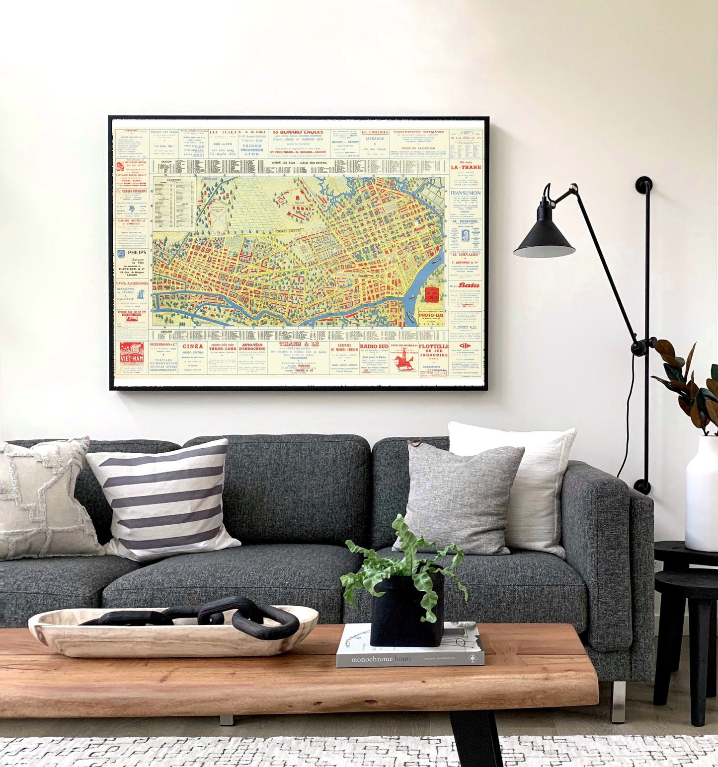 Framed map hang up on the living room wall, presentation only