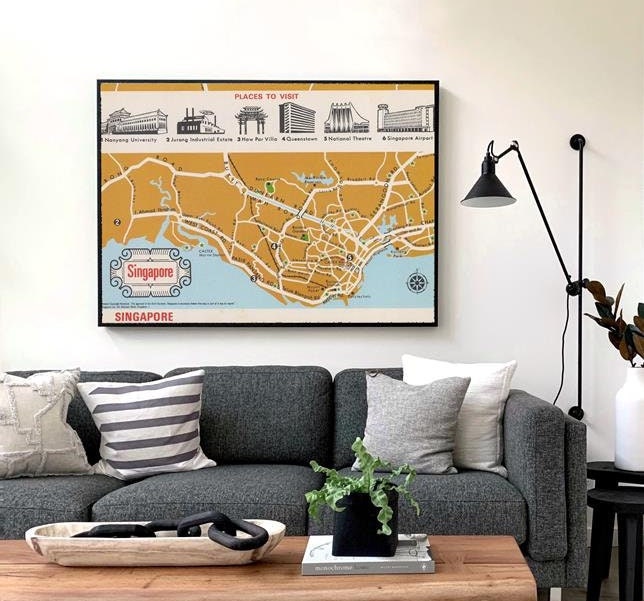 presentation of the framed map hang up on the wall