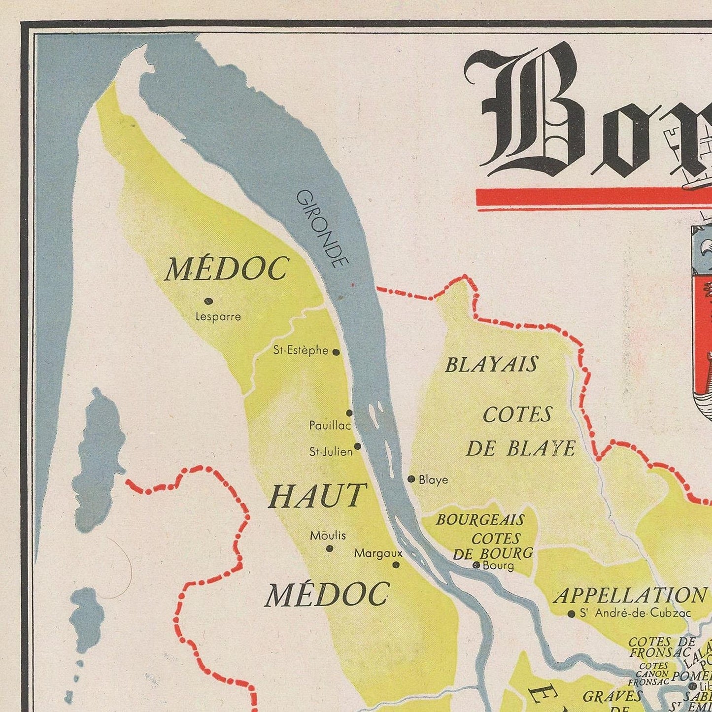 Old wine map of Bordeaux, 1947