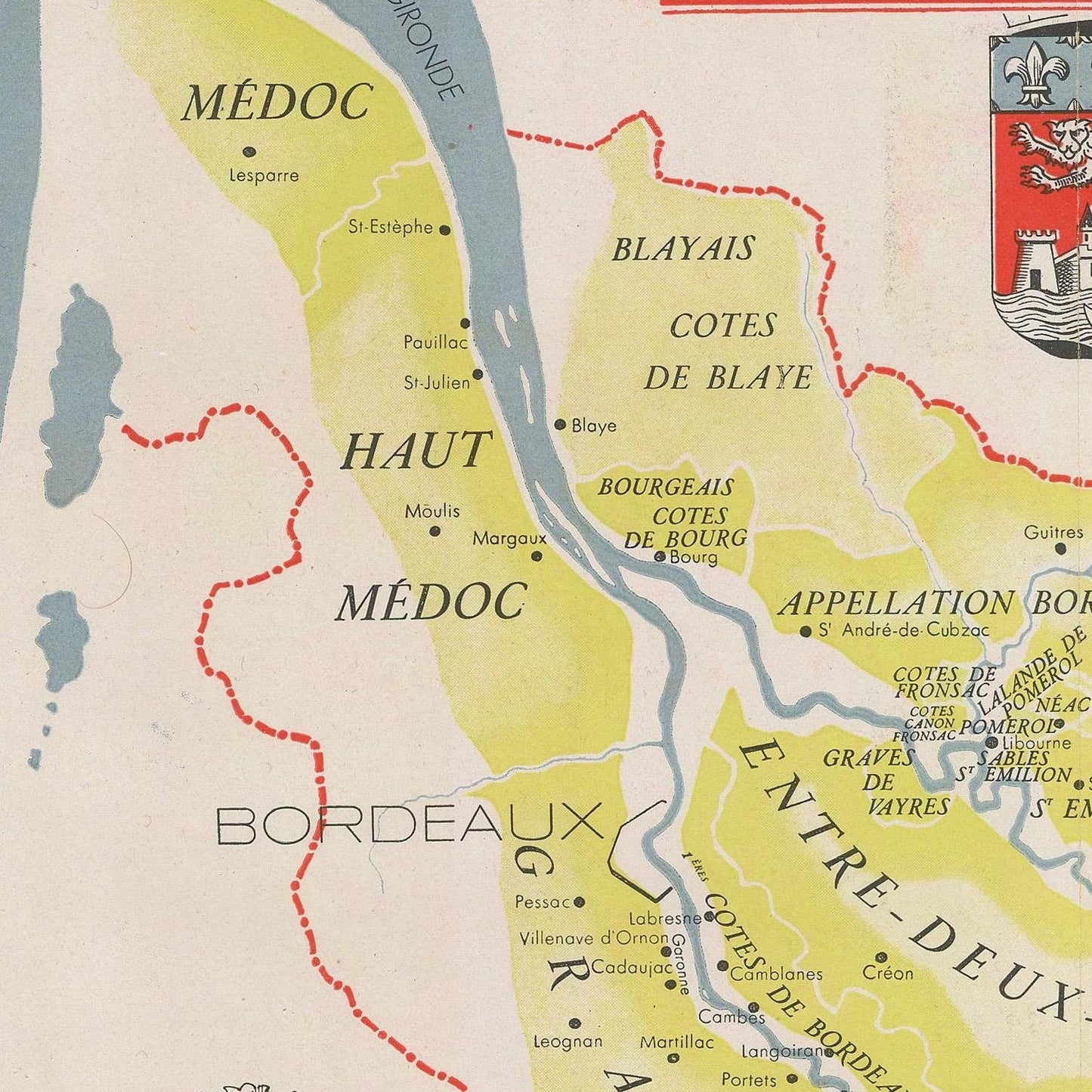 Old wine map of Bordeaux, 1947